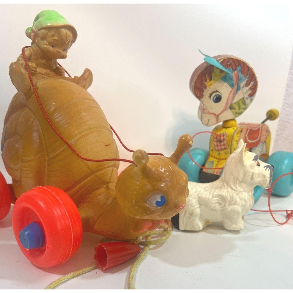 Vtg Children Toy Bundle Push Pull Squeak Roll‎ They Wiggle Wag Tail and Tongue